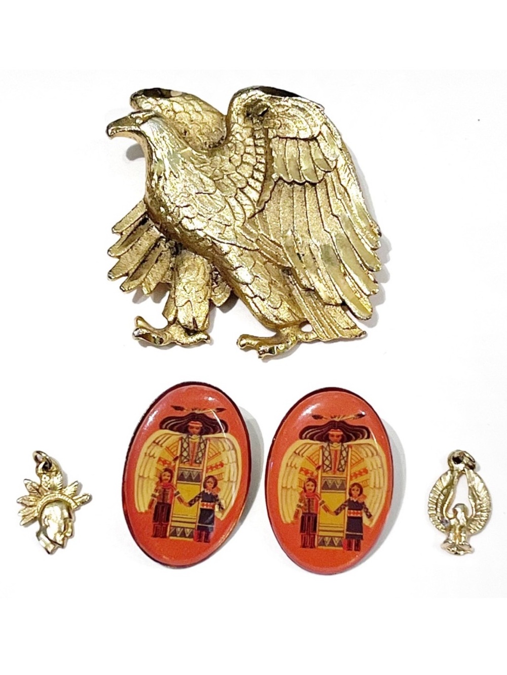 Aboriginal Native Pins and Pendants Eagles Chief Tribe Orange Gold Brooch Bird